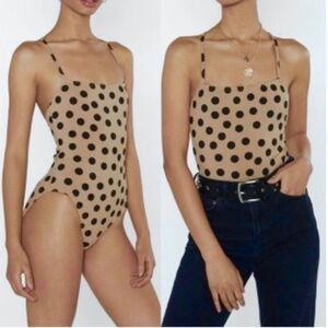 Nasty Gal Bodysuit Tan Polka Dot Ribbed Knit Sleeveless 2